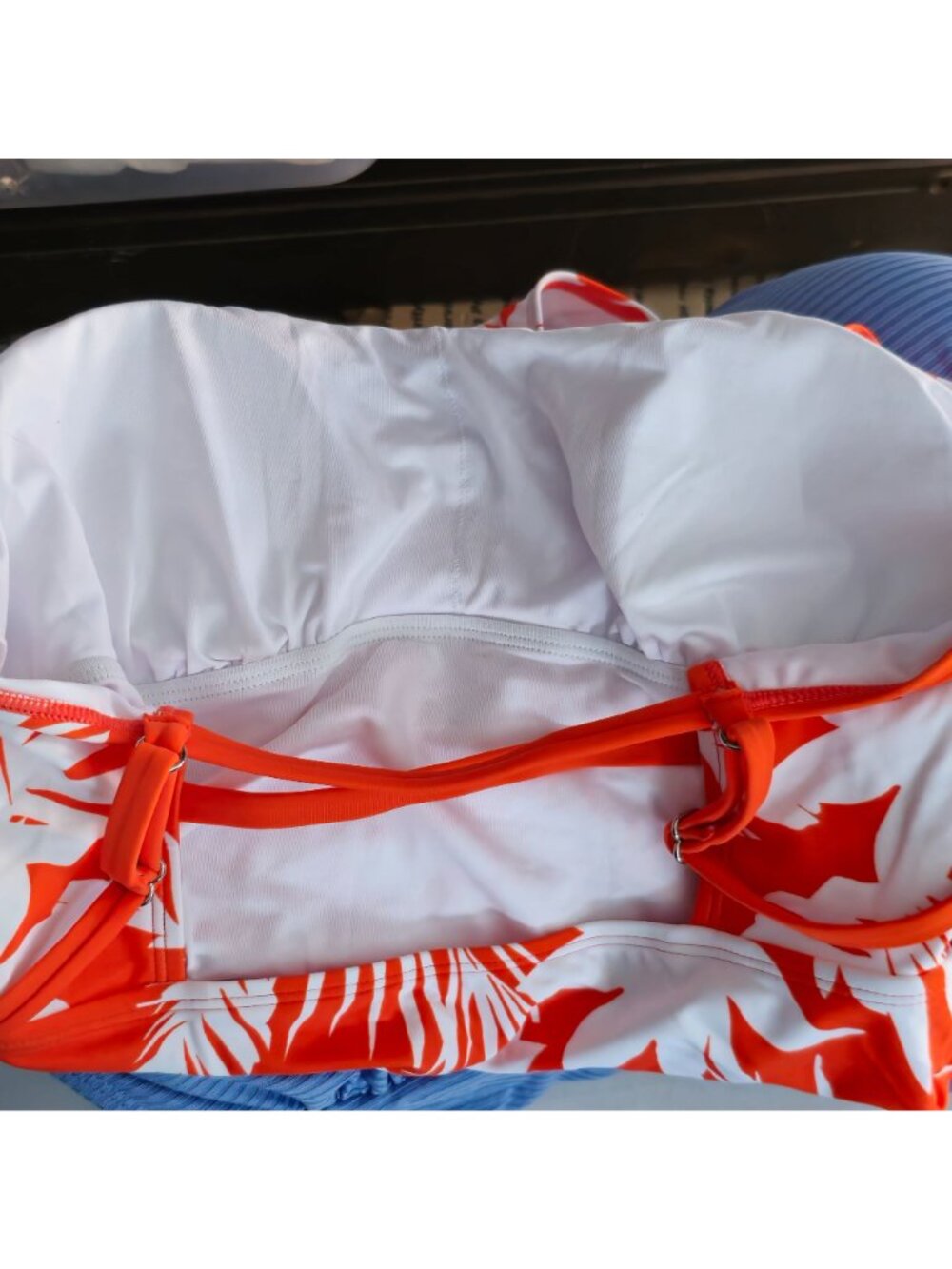 Tropical Print One-Piece Swimsuit L Orange White Ruched Adjustable Square Neck - Picture 3 of 10